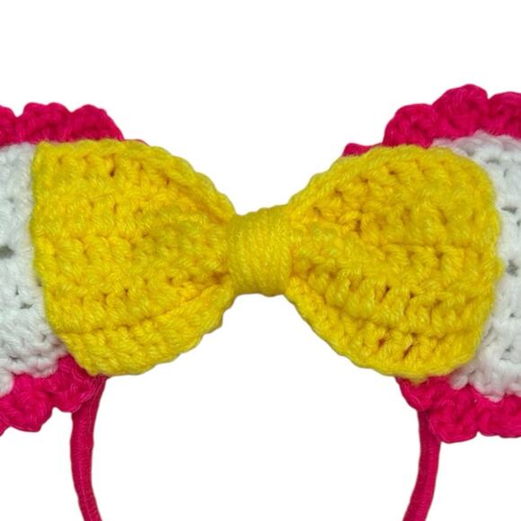 Creaciones Cayana Handmade Crochet Bow Headband in Pink, Yellow, and White - Picture 4 of 4